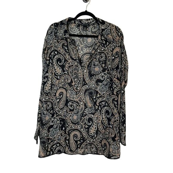 Lane Bryant Silk Sheer Floral Top 18 Black Artsy Western Boho Old Money Classic - Picture 1 of 11